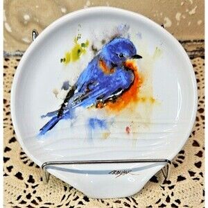 Signed Dean Crouser Blue Bird Ceramic Spoon Rest (read)